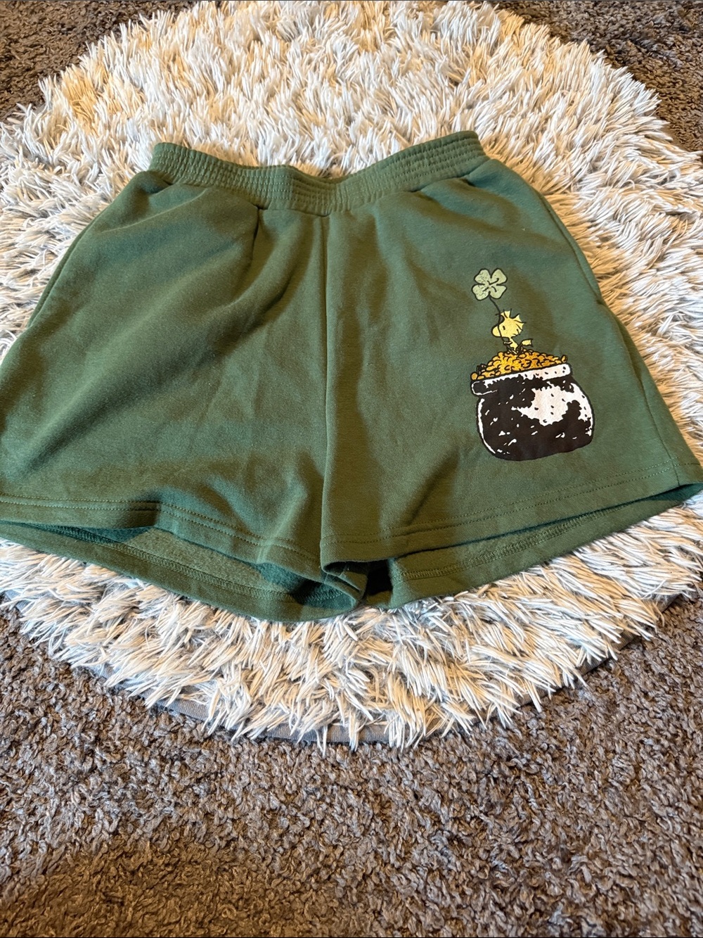 Peanuts Olive Green Women's Athletic Shorts with Pot of Gold Graphic